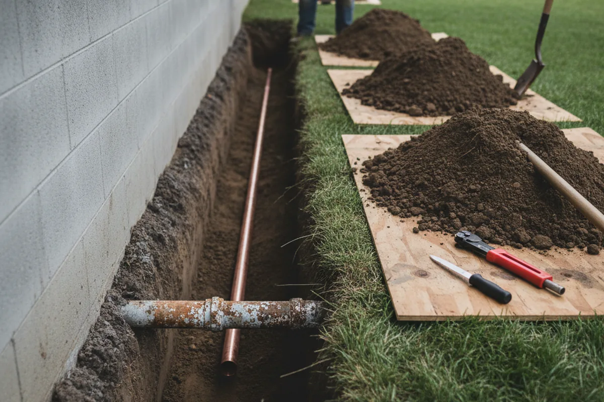 Excavated water line trench during Water Softener Installation in West Cornwall